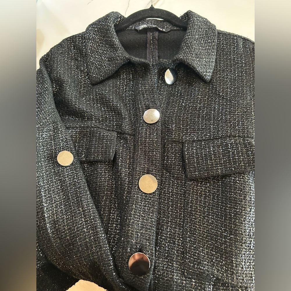 Zara  metallic tweed metal buttons Oversized black Womens jacket Medium Large - Picture 8 of 9